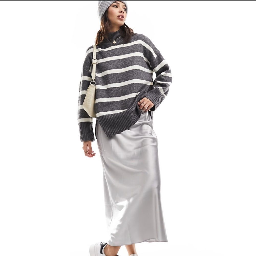 ASOS DESIGN Longline Jumper With High neck Charcoal Stripe XS NWT IN PKG